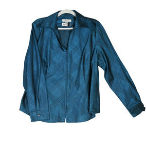 Coldwater Creek Shiny Formal Blouse Womens XL Teal Blue Light Plaid Zip Front